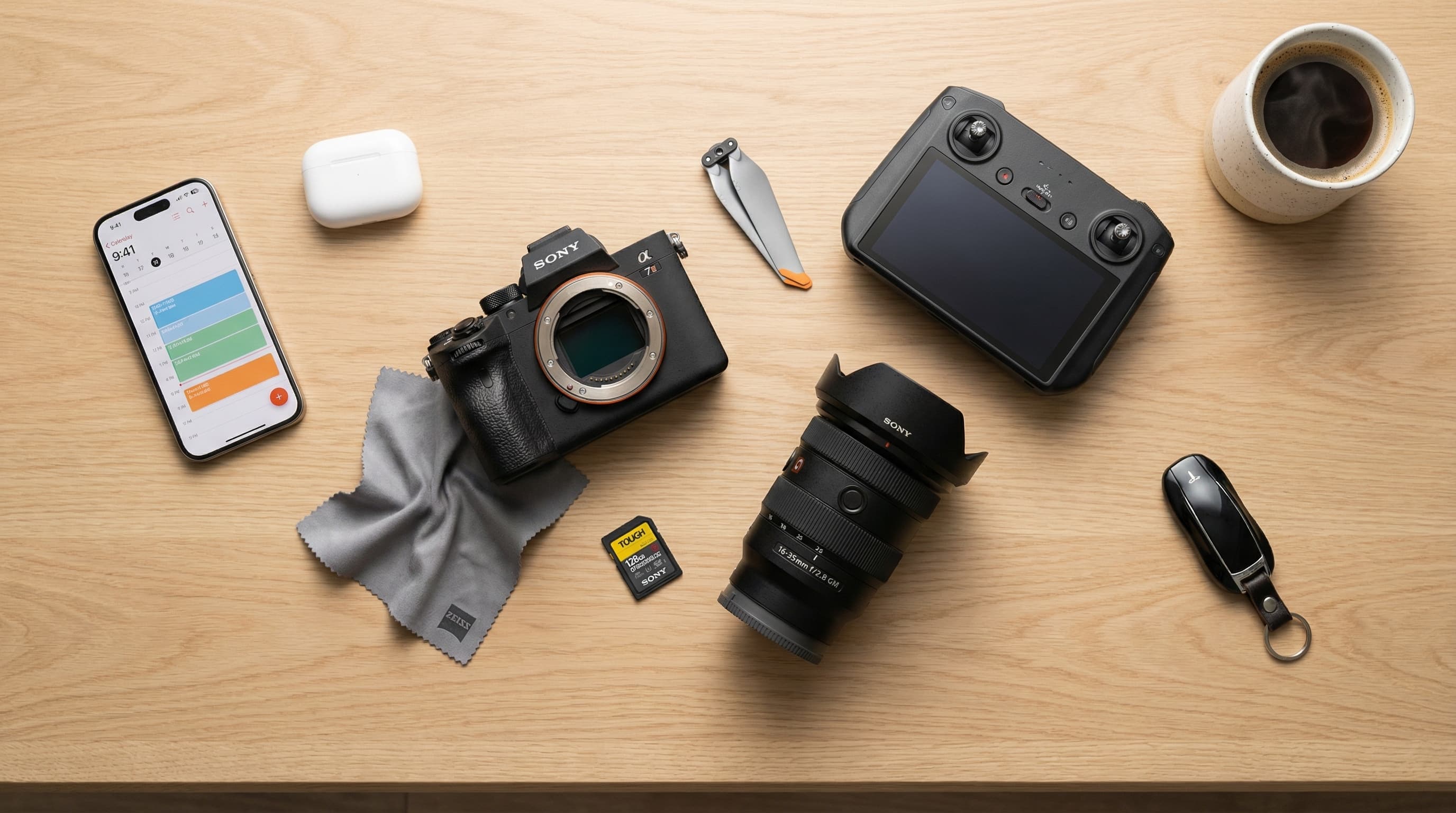 Professional real estate photography equipment laid out on desk - camera, lenses, drone, memory cards, and accessories